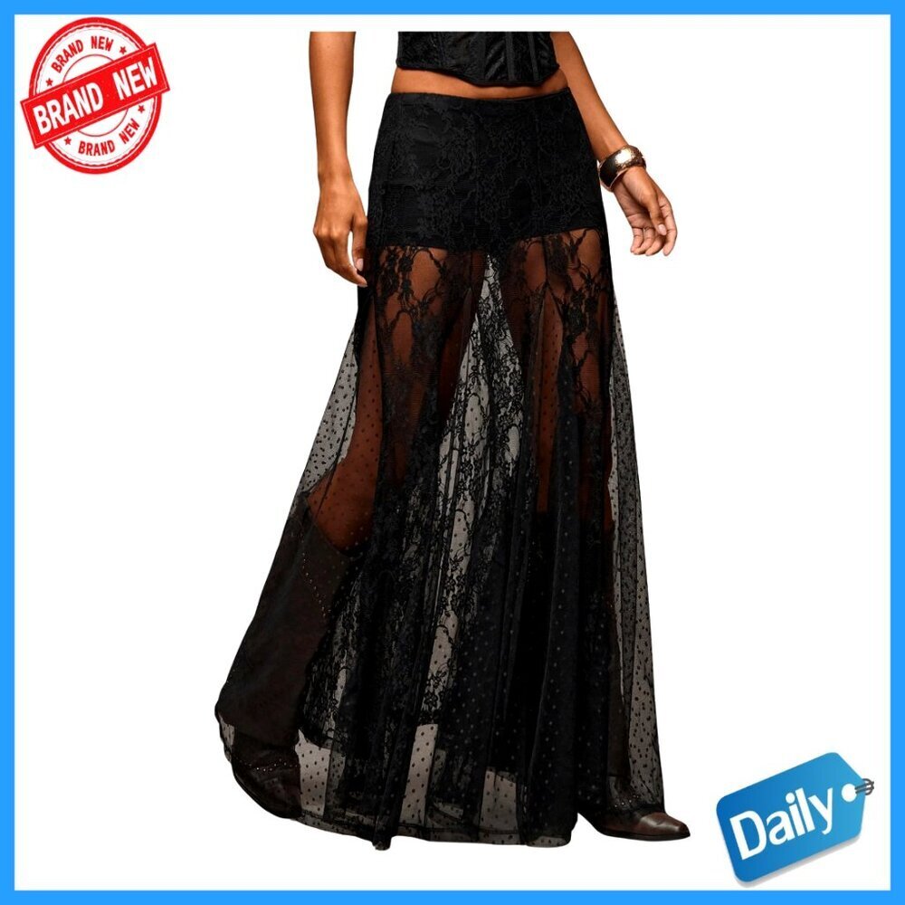 Lace Maxi Skirt A-Line Ruffle Boho Sheer Casual Long Skirt